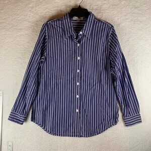 Karen Kane Easywear Women's Blue Striped Long Sleeve Button Up Shirt Size L 9247